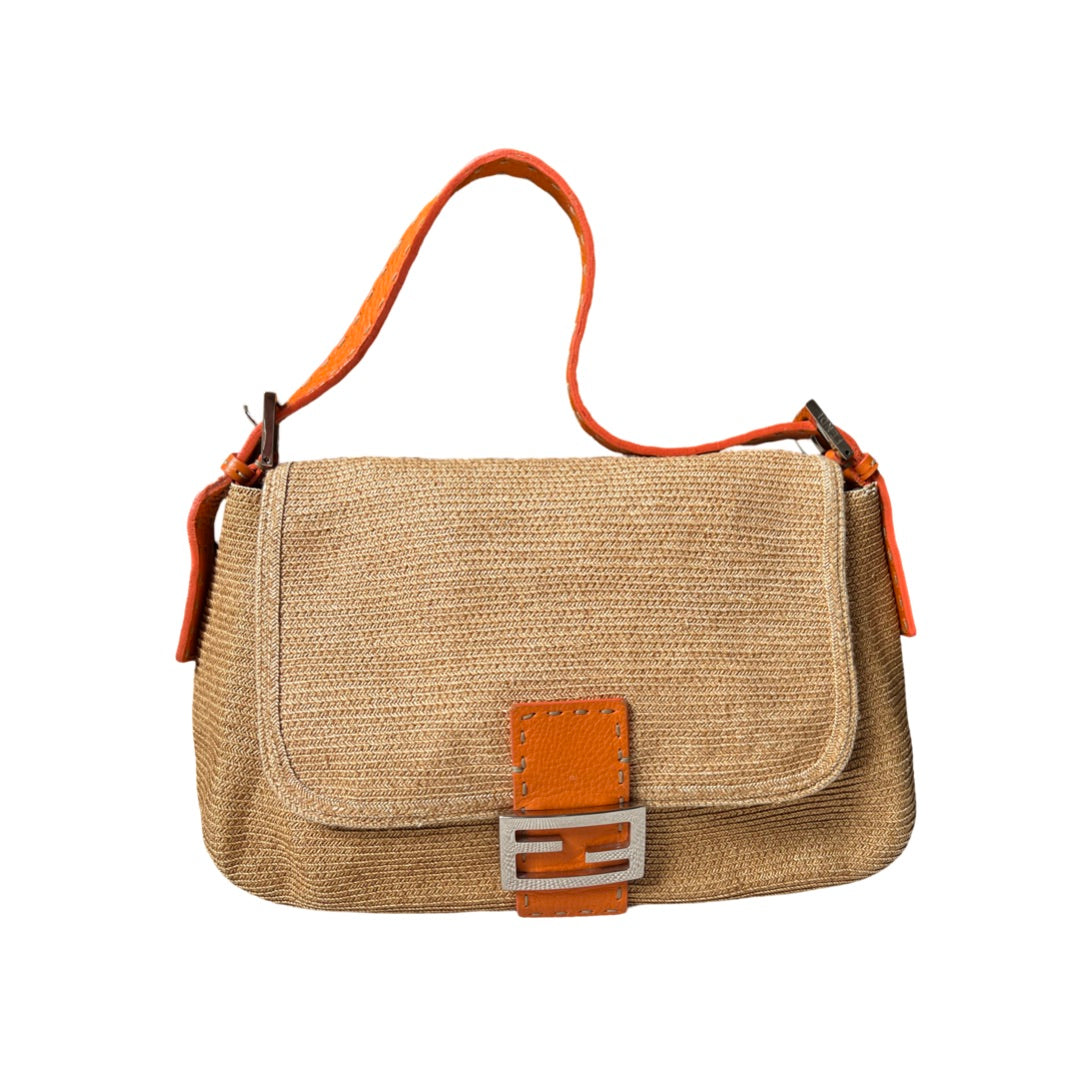 Fendi Woven Straw Baguette Mama Orange