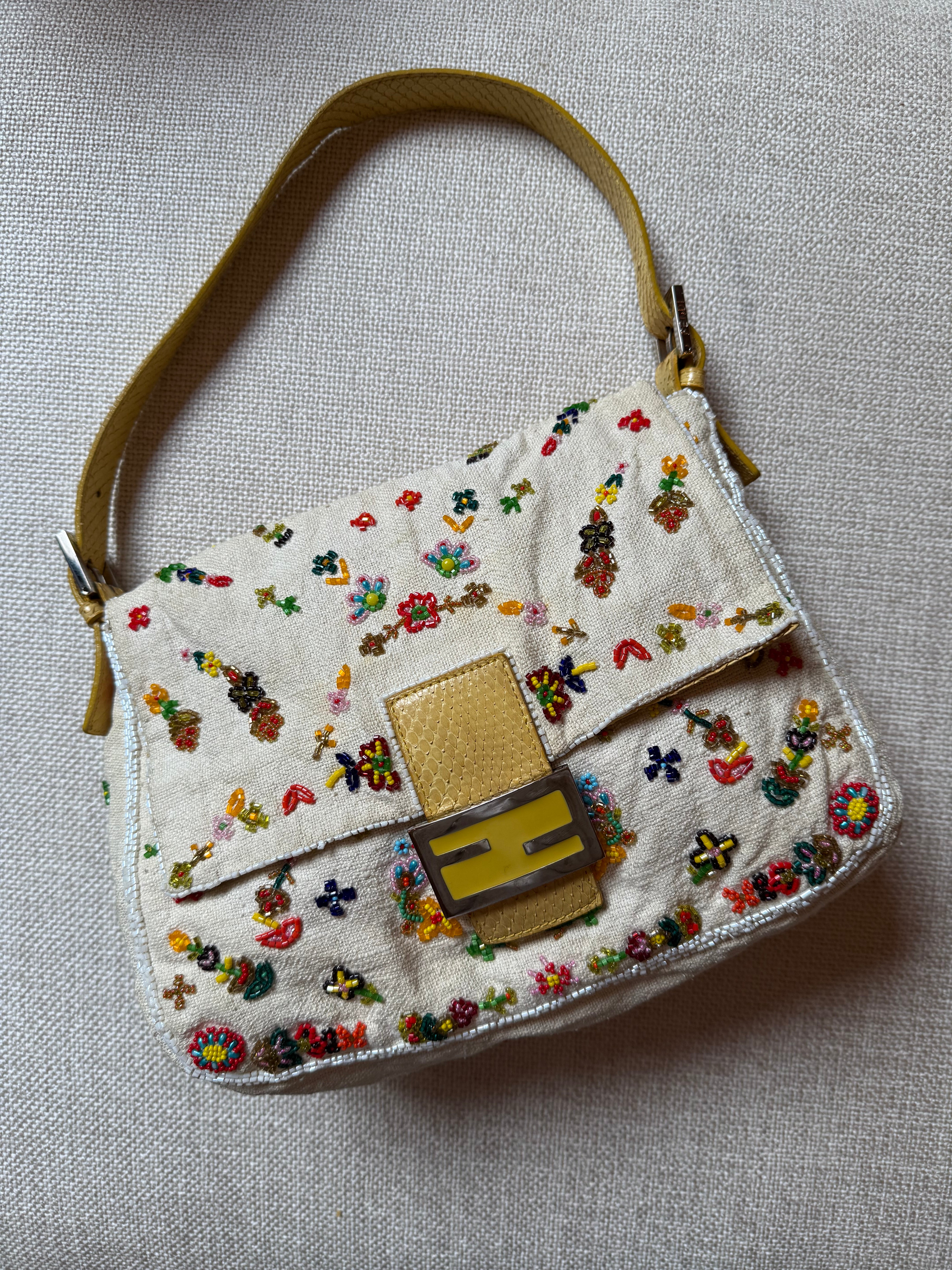 Fendi white Beaded Mama Baguette with yellow python trim