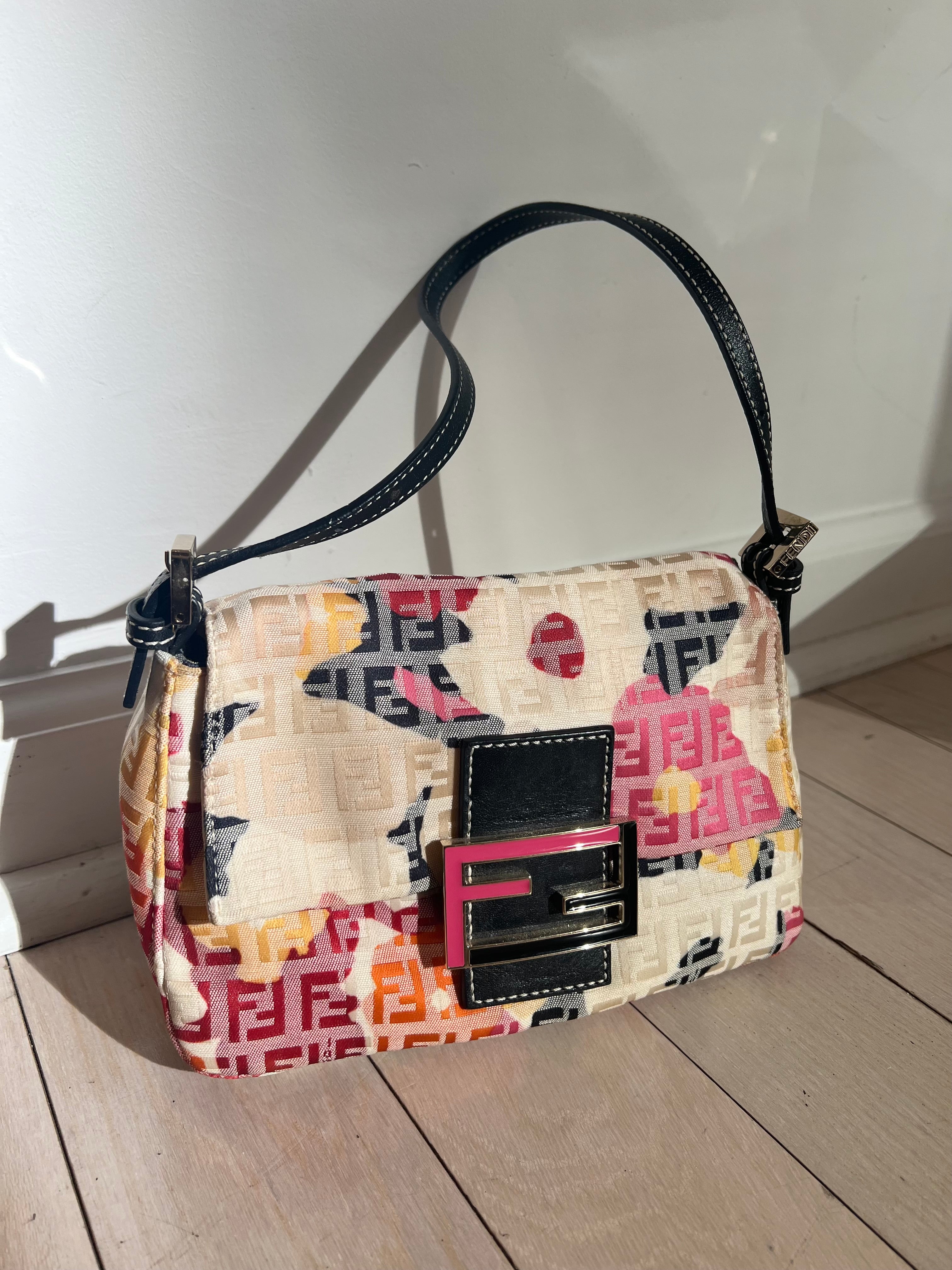 Fendi Authentic Mini Mama Baguette white with Mutlicolor floral pattern