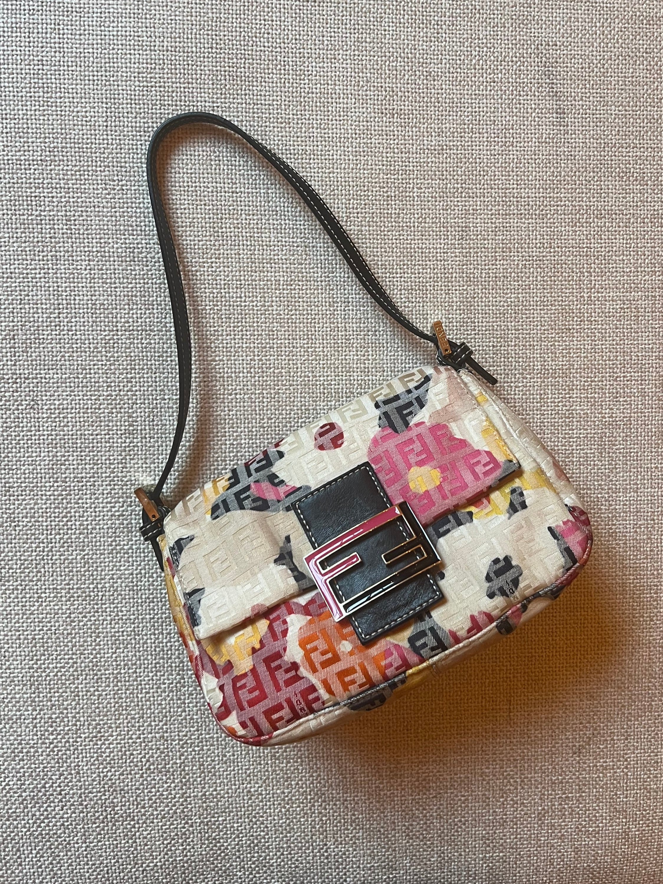 Fendi authentic mini mama baguette bag in pink floral pattern with white zucchino