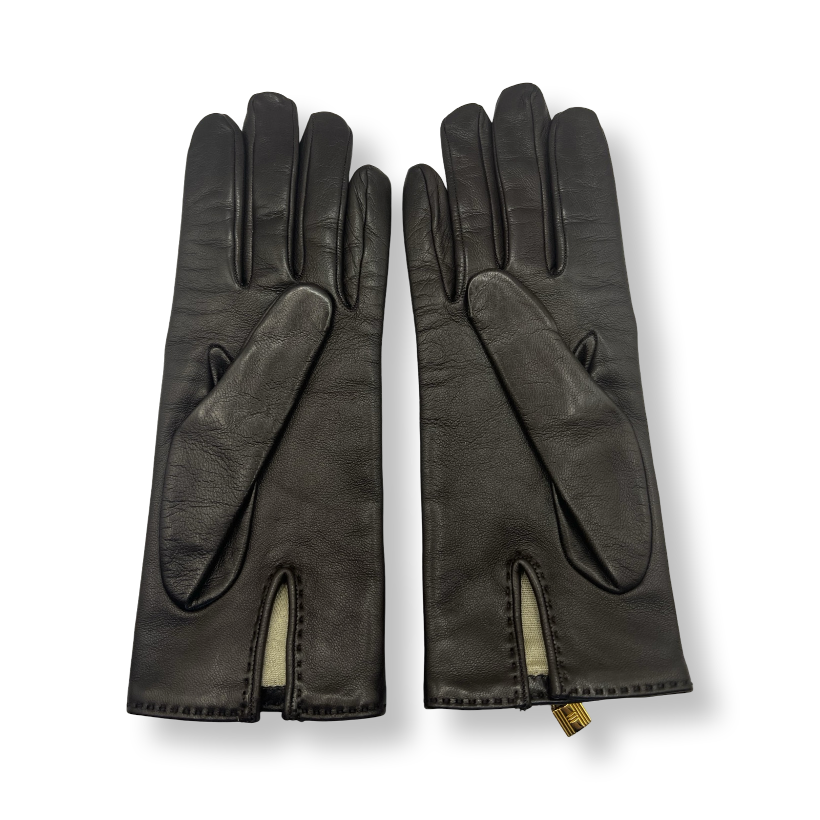 Hermes Dark Brown Leather Gloves with Gold H Lock Hardware 