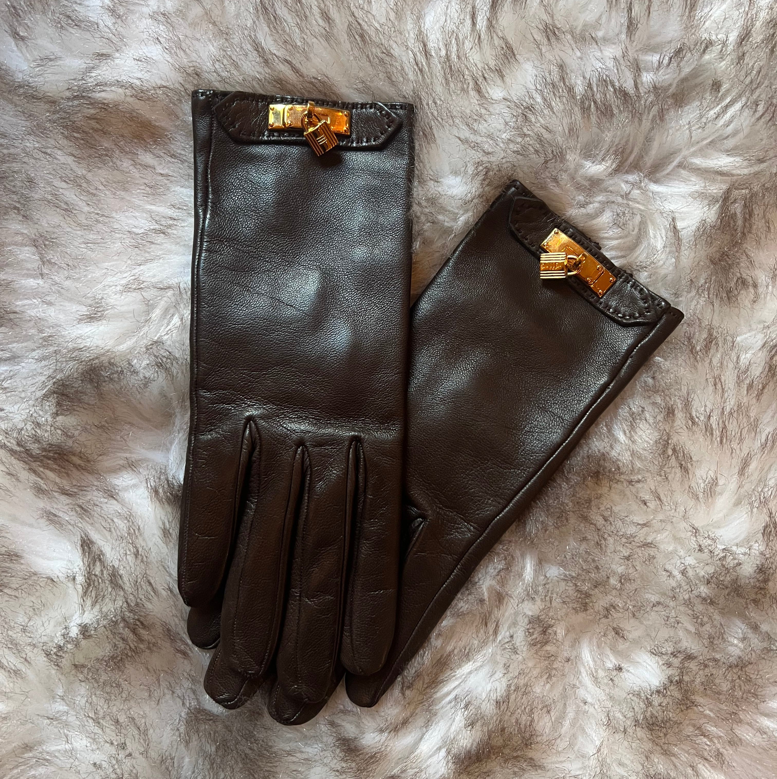 Hermes butter leather dark chocolate gloves