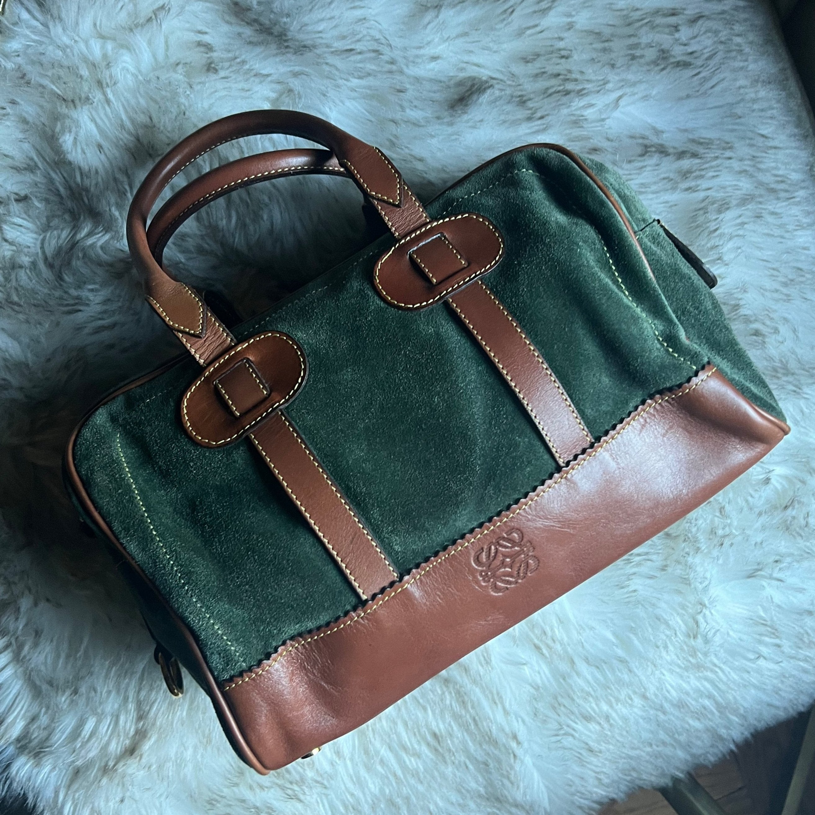 Vintage loewe green suede and brown leather authentic boston bag