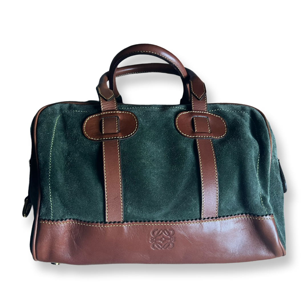 Old Loewe Authentic Brown Leather & suede green boston bag 