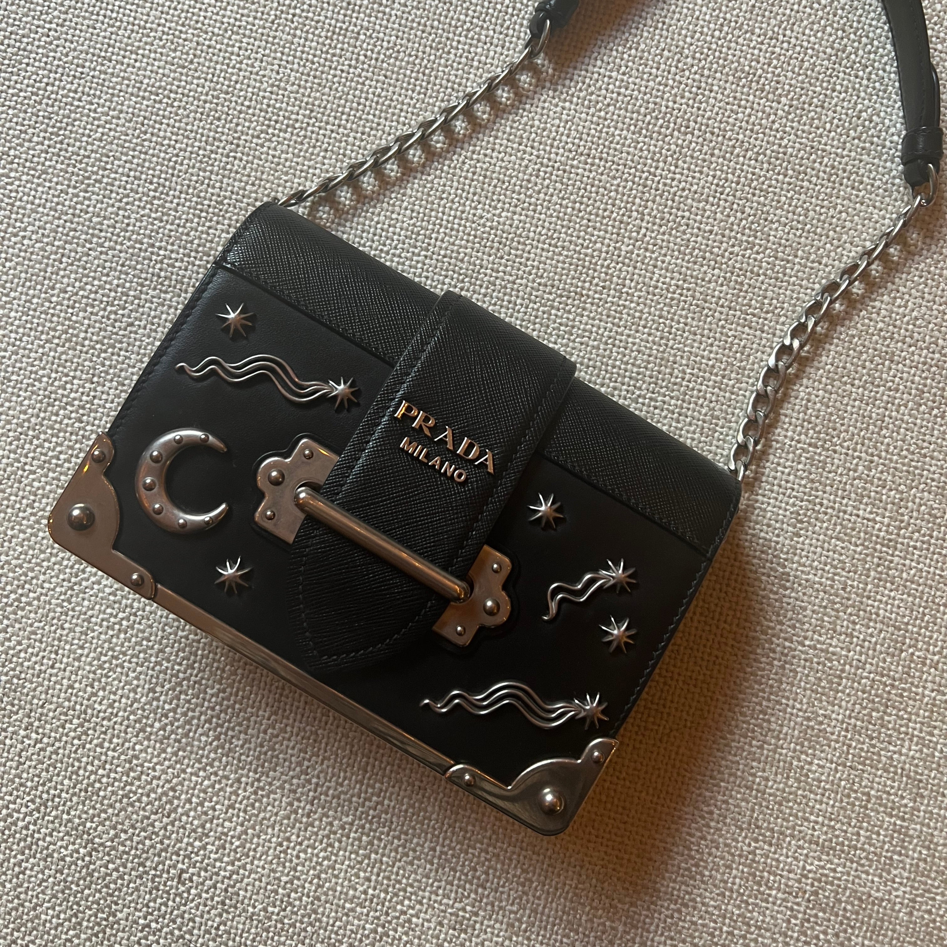 Prada Cahier Bag Black & Silver Astrology Moon & Stars edition authentic