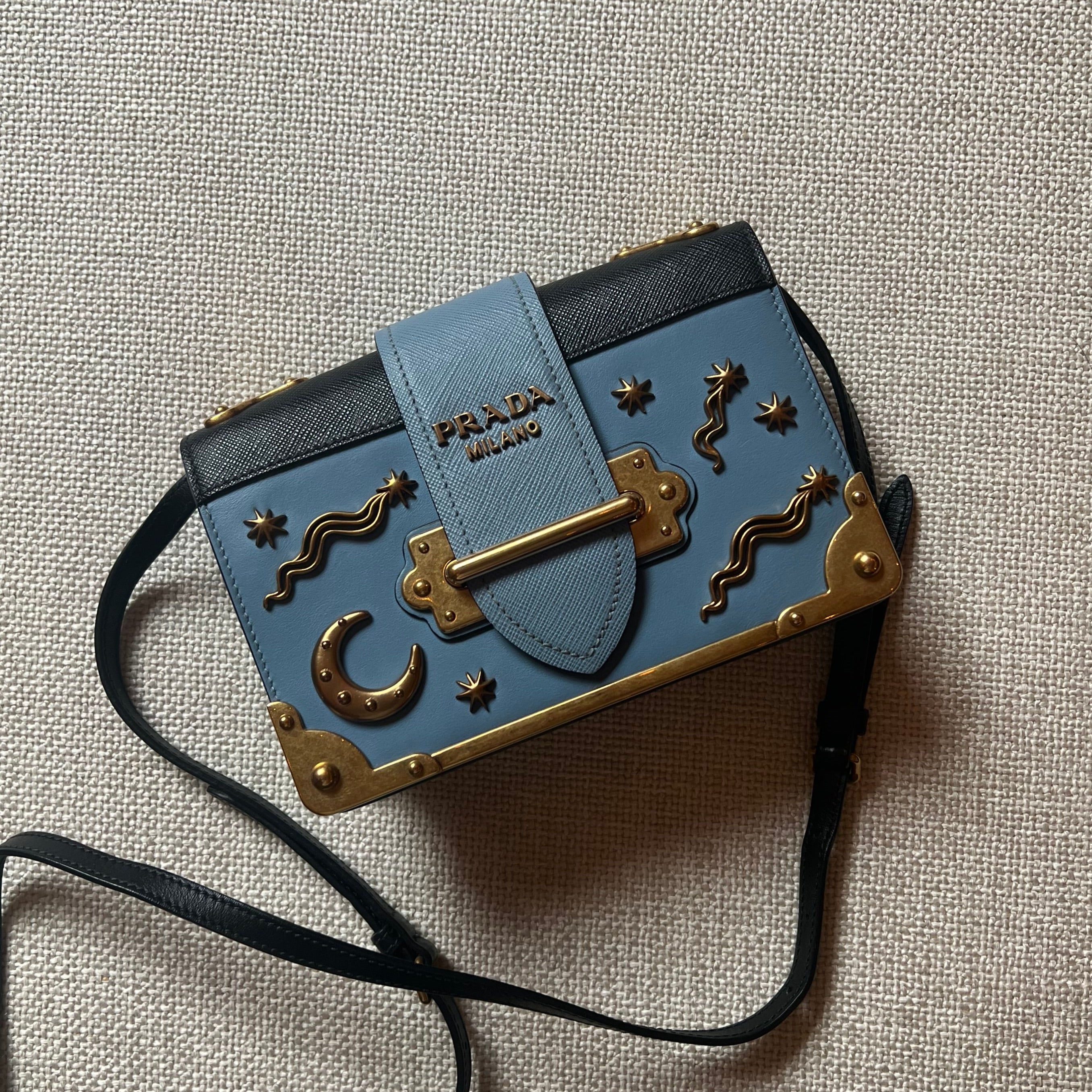 Prada Blue Astrology Edition Cahier Bag gold moon & stars authentic