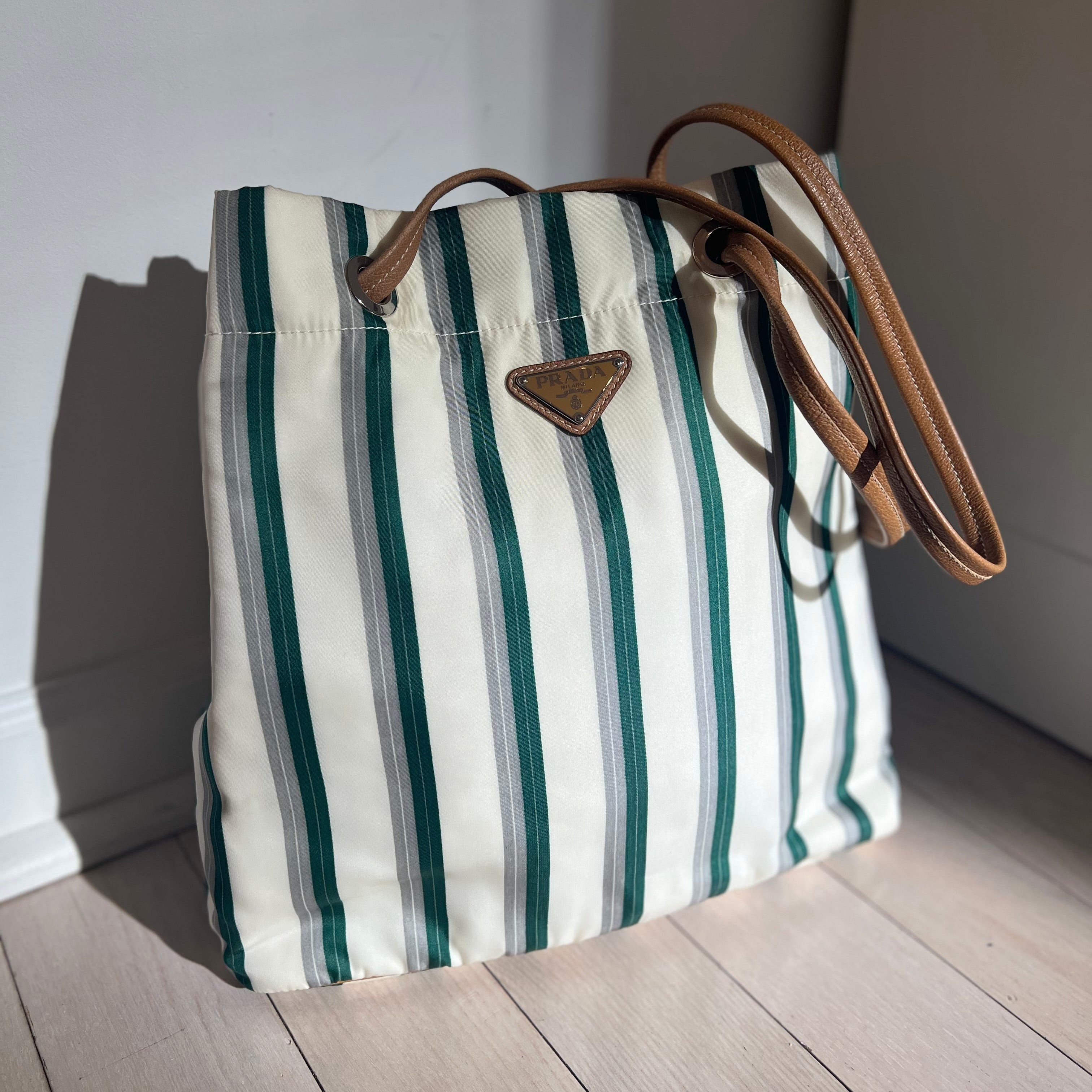 Prada Authentic stripe nylon tote bag leather straps