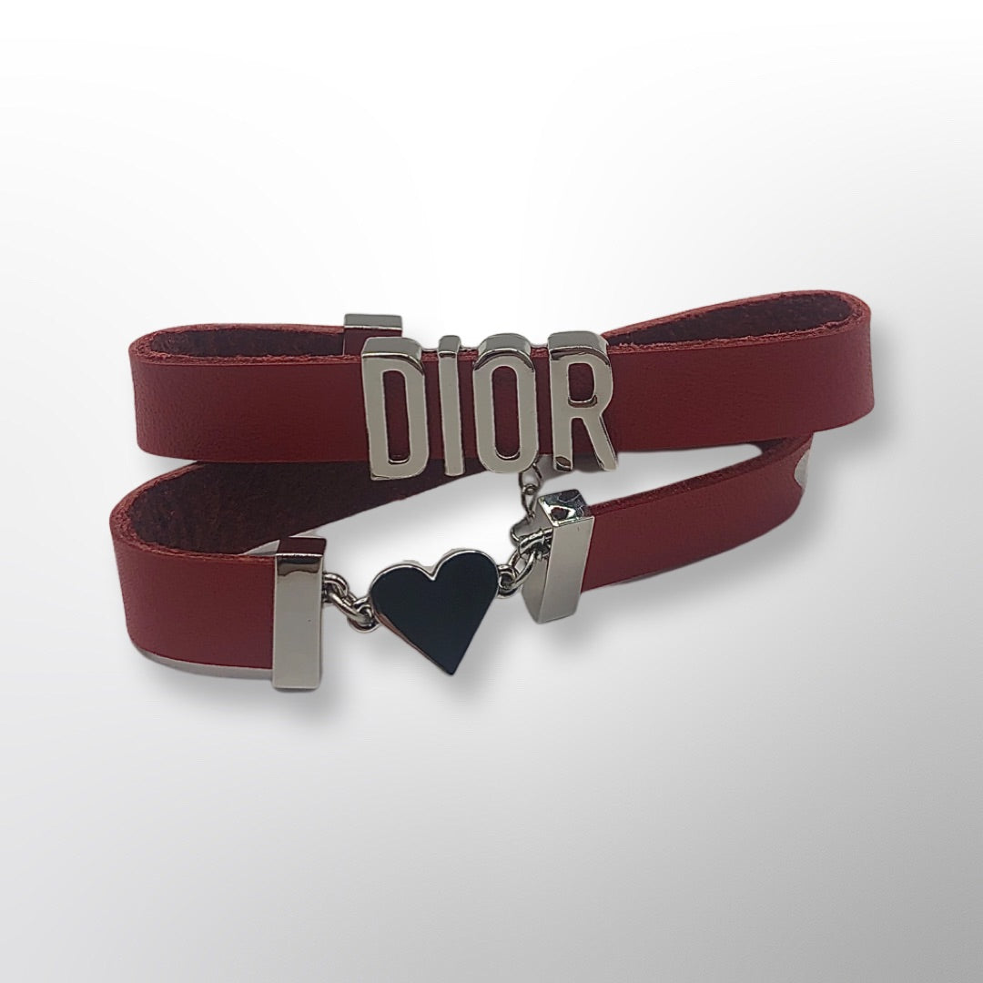 Dior Red Leather Bracelet Silver Logo hardware & heart charm